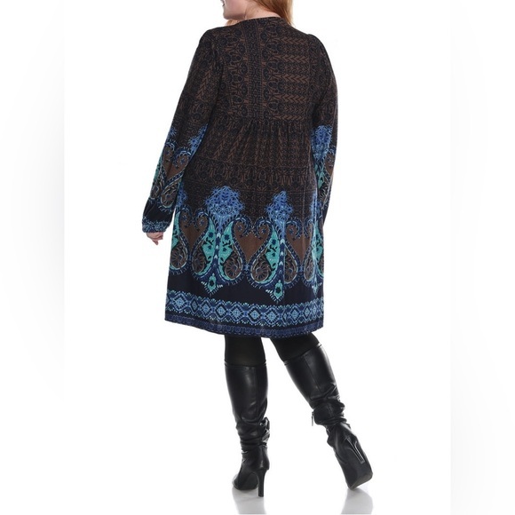 White Mark Plus Size Blue Brown Embroidered Knit Long Sleeve Mini Dress - Picture 6 of 10